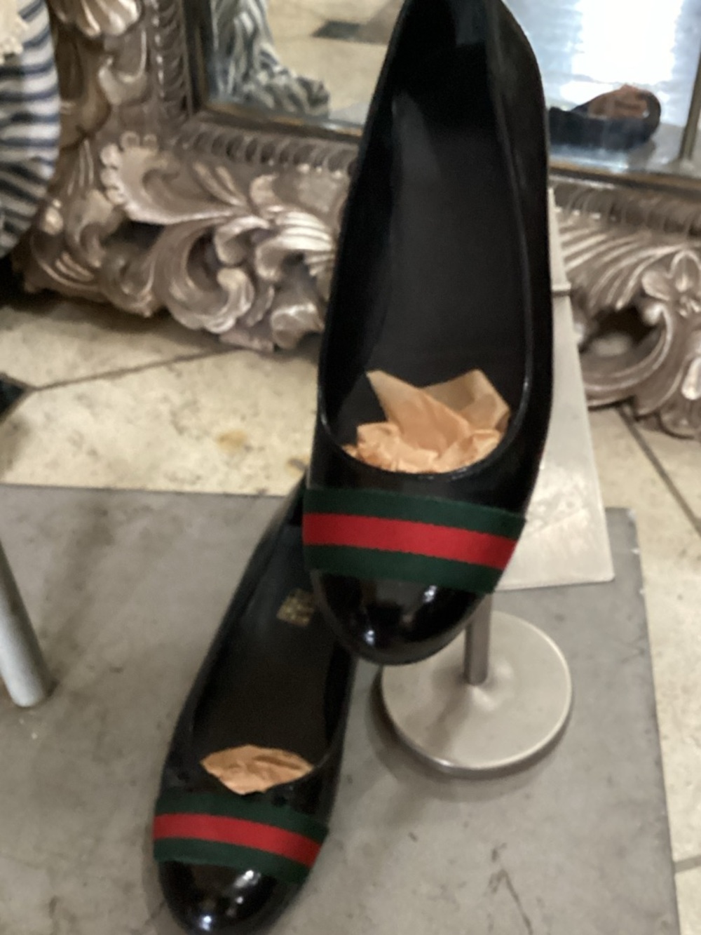 Black Patent Ballet Flats with Green & Red Stripe GUCCI